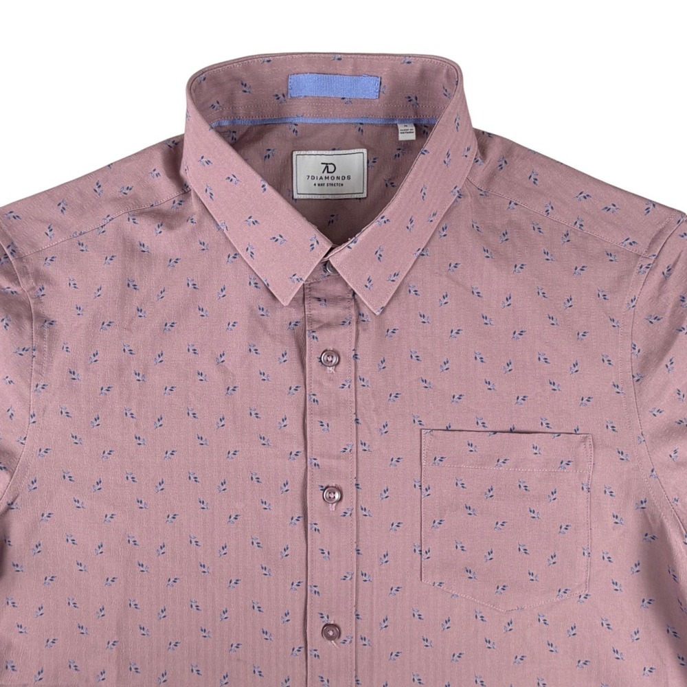 7 Diamonds Mens Mauve Pink Blue Leaf Print 4 Way Stretch Short Sleeve Shirt M